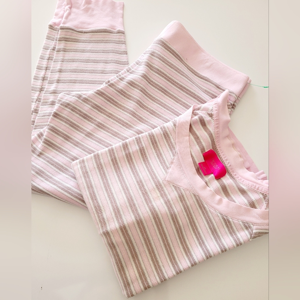 Victoria's Secret Thermal Stretch Cotton Striped Pink/Gray Women's Pajama Set L - Picture 3 of 16